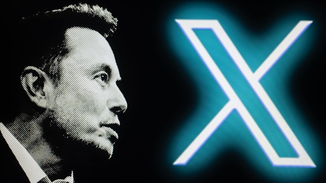 The new Twitter logo, rebranded as X, is being displayed on a screen alongside Elon Musk in this photo illustration in Brussels, Belgium, on November 27, 2023.