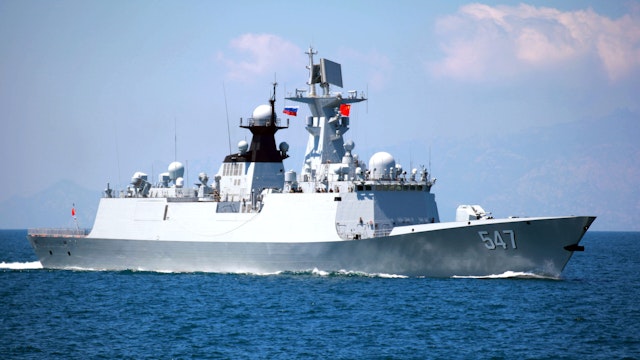 QINGDAO, CHINA - AUGUST 17: CNS Linyi, a Type 054A-class guided-missile frigate from the North Sea Fleet of the People's Liberation Army Navy, participates in the Sea Cup contest, a competition among surface ships and part of the International Army Games 2022, on August 17, 2022 in Qingdao, Shandong Province of China.