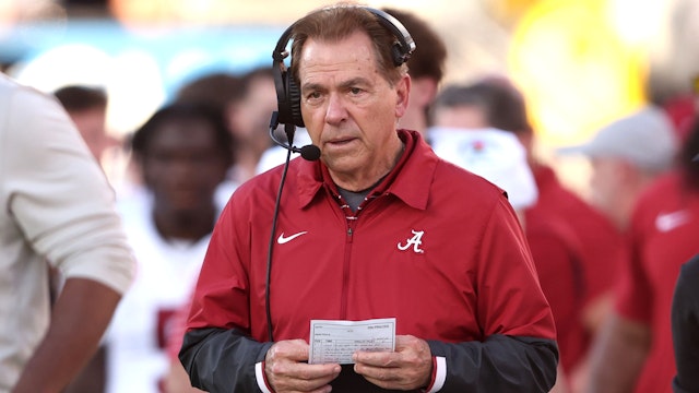 PASADENA, CALIFORNIA - JANUARY 01: Head coach Nick Saban of the Alabama Crimson Tide looks on in the second quarter against the Michigan Wolverines during the CFP Semifinal Rose Bowl Game at Rose Bowl Stadium on January 01, 2024 in Pasadena, California.