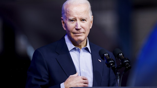 PUEBLO, COLORADO - NOVEMBER 29: US President Joe Biden speaks about Bidenomics at CS Wind on November 29, 2023 in Pueblo, Colorado. CS Wind, the largest wind turbine tower manufacturer in the world, recently announced they were expanding operations as a direct result of the Inflation Reduction Act. (Photo by Michael Ciaglo/Getty Images)