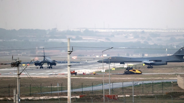 ADANA, TURKIYE - OCTOBER 31: US Air force B-1B Lancers assigned to the 9th Expeditionary Bomb Squadron, arrive at Incirlik Air Base for hot-pit refueling as part of a long-planned bomber task force training mission in Adana, Turkiye on October 31, 2023.