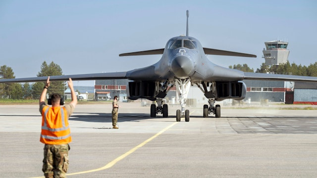 A US Air Force Rockwell B-1B Lancer lands at Norrbotten's air force base F 21 in Lulea, Sweden, on June 19, 2023 where they will participate in an exercise with the Swedish Air Force and Army.