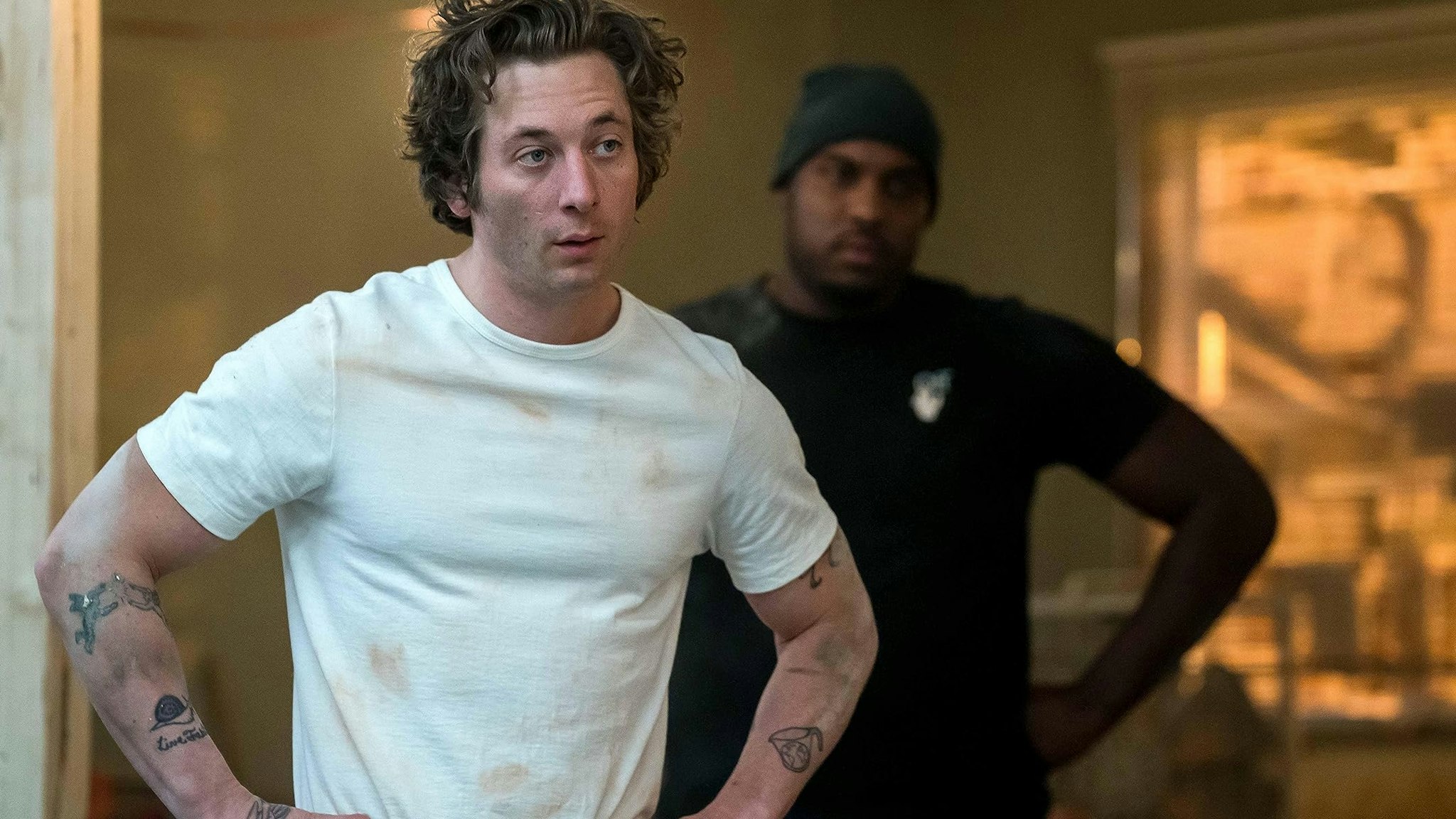 The Bear (2022). Jeremy Allen White and Lionel Boyce in The Bear. Photo by: Matt Dinerstein - © 2022, FX Networks. Hulu. IMDB. All rights reserved.