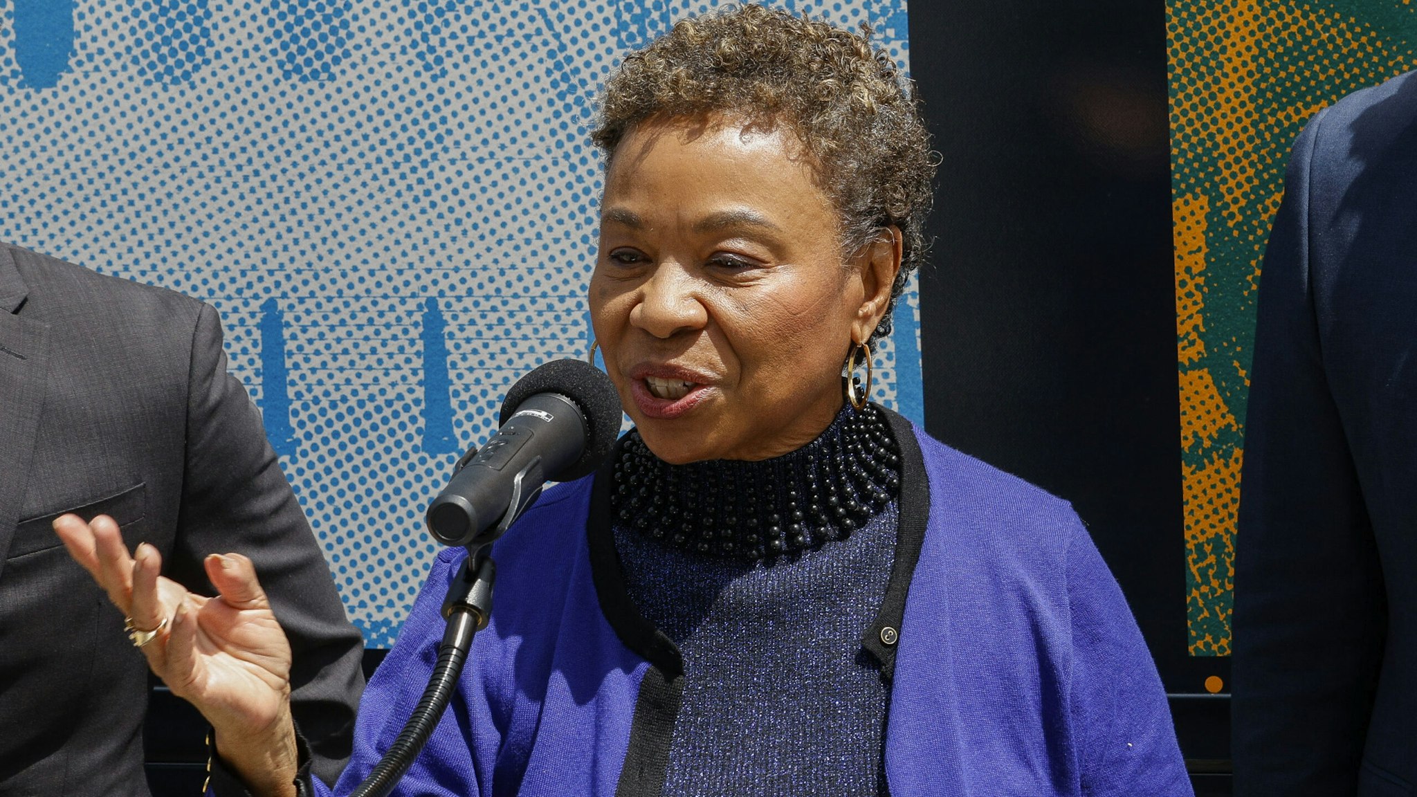 OAKLAND, CALIFORNIA - MAY 21: Congresswoman Barbara Lee of California speaks at a "Just Majority" nationwide bus tour press conference to call for reforms to the U.S. Supreme Court on May 21, 2023 in Oakland, California.