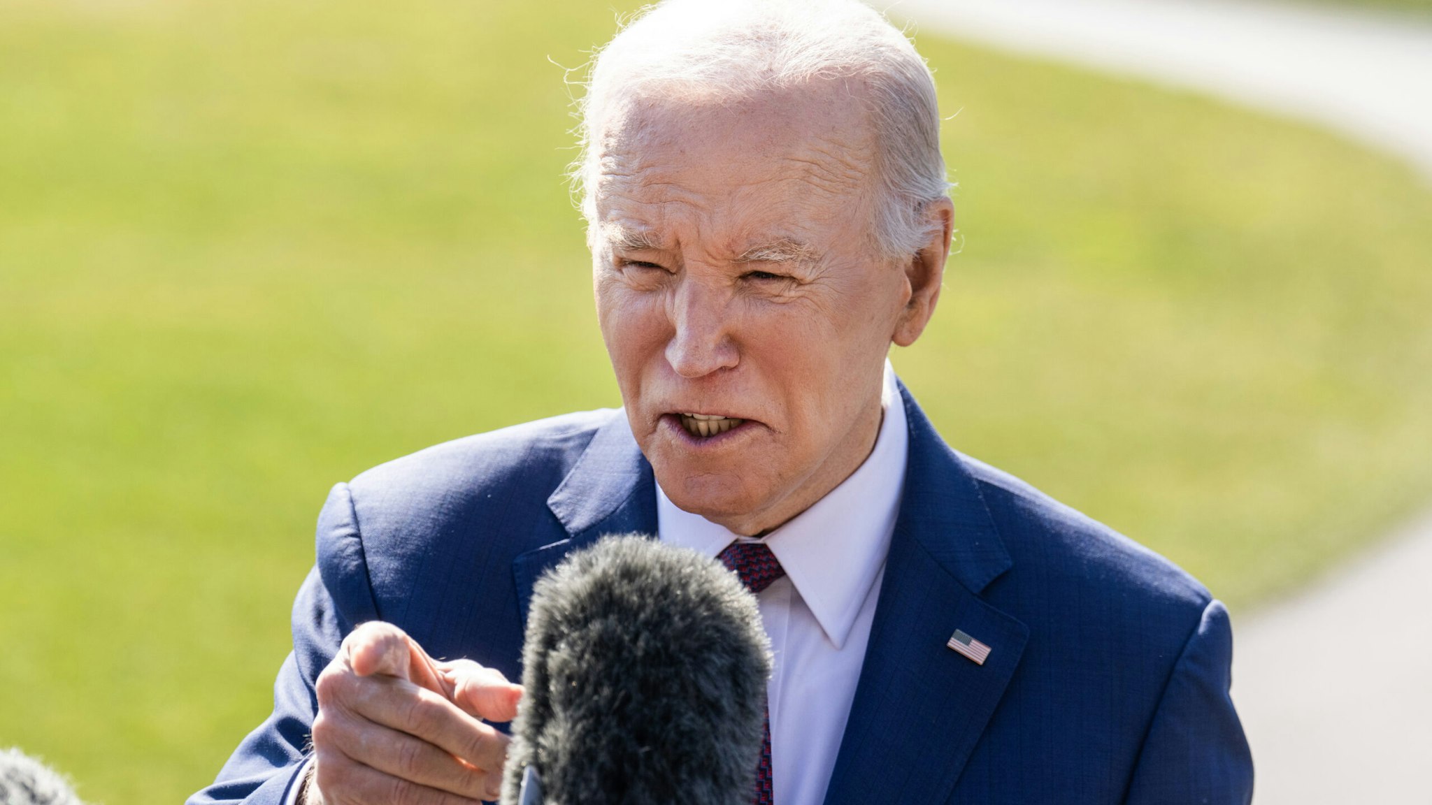 UNITED STATES - FEBRUARY 20: President Joe Biden addresses reporters on the South Lawn of the White House before boarding Marine One for a trip to Los Angeles for a campaign reception on Tuesday, February 20, 2024.