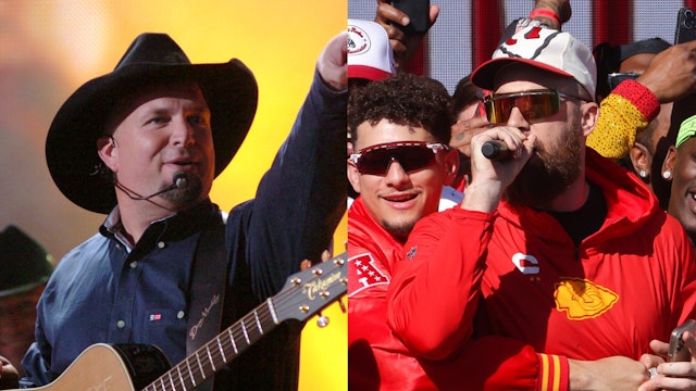 Garth Brooks performs "Good Ride Cowboy" during The 39th Annual CMA Awards - Garth Brooks Performs in Times Square at Times Square in New York City, New York, United States. Patrick Mahomes #15 and Travis Kelce #87 of the Kansas City Chiefs address the crowd during the Kansas City Chiefs Super Bowl LVIII victory parade on February 14, 2024 in Kansas City, Missouri.