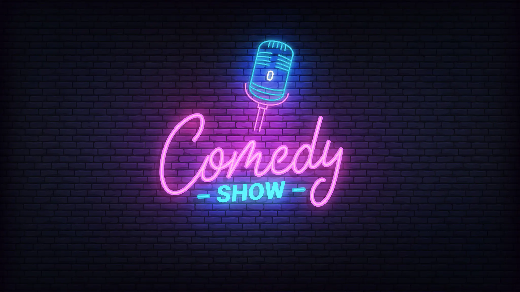 Comedy show neon template. Comedy lettering and glowing neon microphone Comedy show neon template. Comedy lettering and glowing neon microphone.