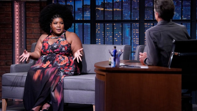 LATE NIGHT WITH SETH MEYERS -- Episode 1132A -- Pictured: (l-r) Actress Dulce Sloan during an interview with host Seth Meyers on April 20, 2021 -- (Photo by: Lloyd Bishop/NBC/NBCU Photo Bank via Getty Images)