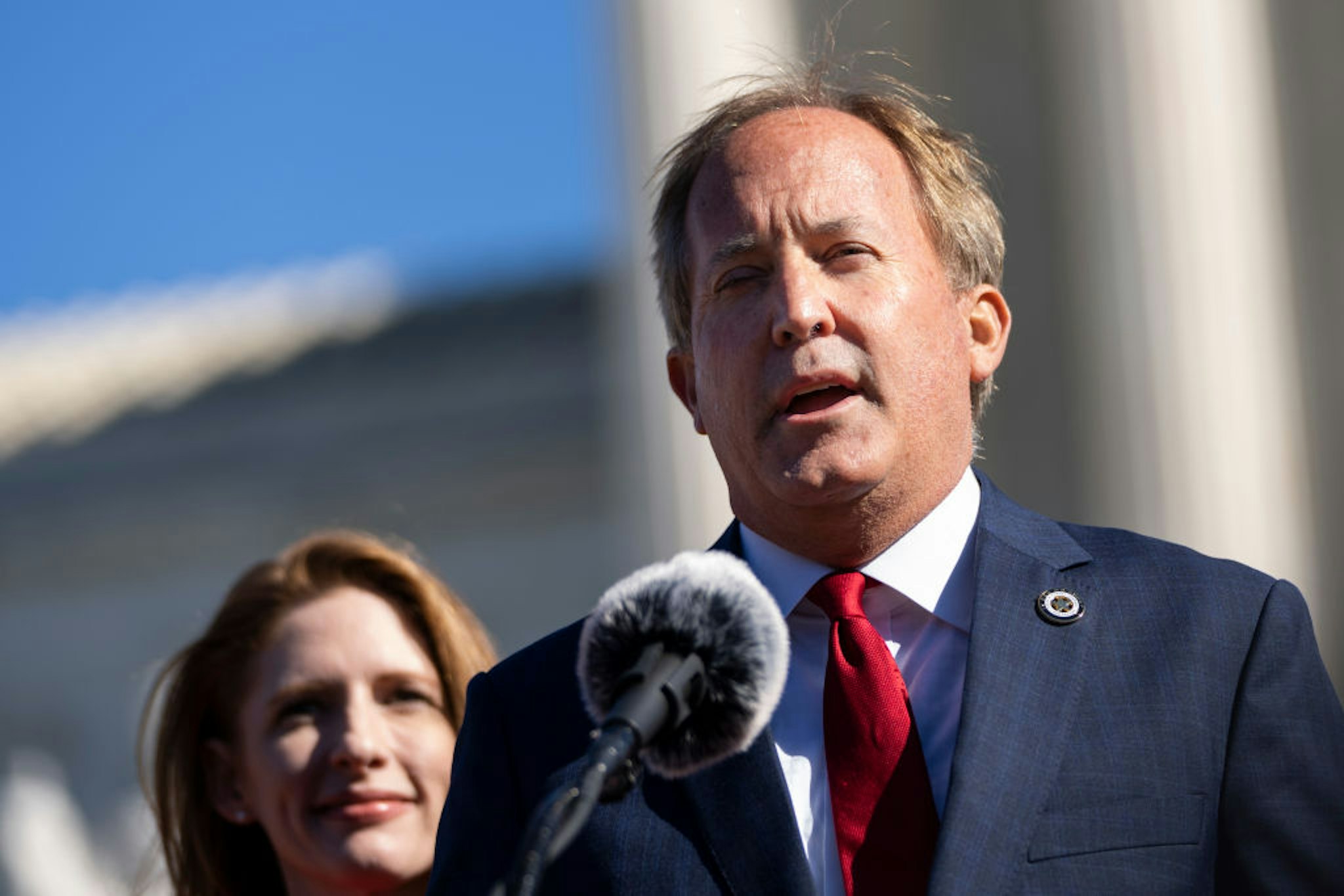 WASHINGTON, DC - NOVEMBER 01: Texas Attorney General Ken Paxton speaks outside the U.S. Supreme Court on November 01, 2021 in Washington, DC. On Monday, the Supreme Court heard arguments in a challenge to the controversial Texas abortion law which bans abortions after 6 weeks.