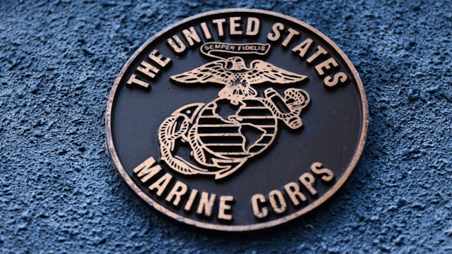 The United States Marine Corps emblem is seen on a monument in Streator, Illinois, United States, on October 15, 2022.