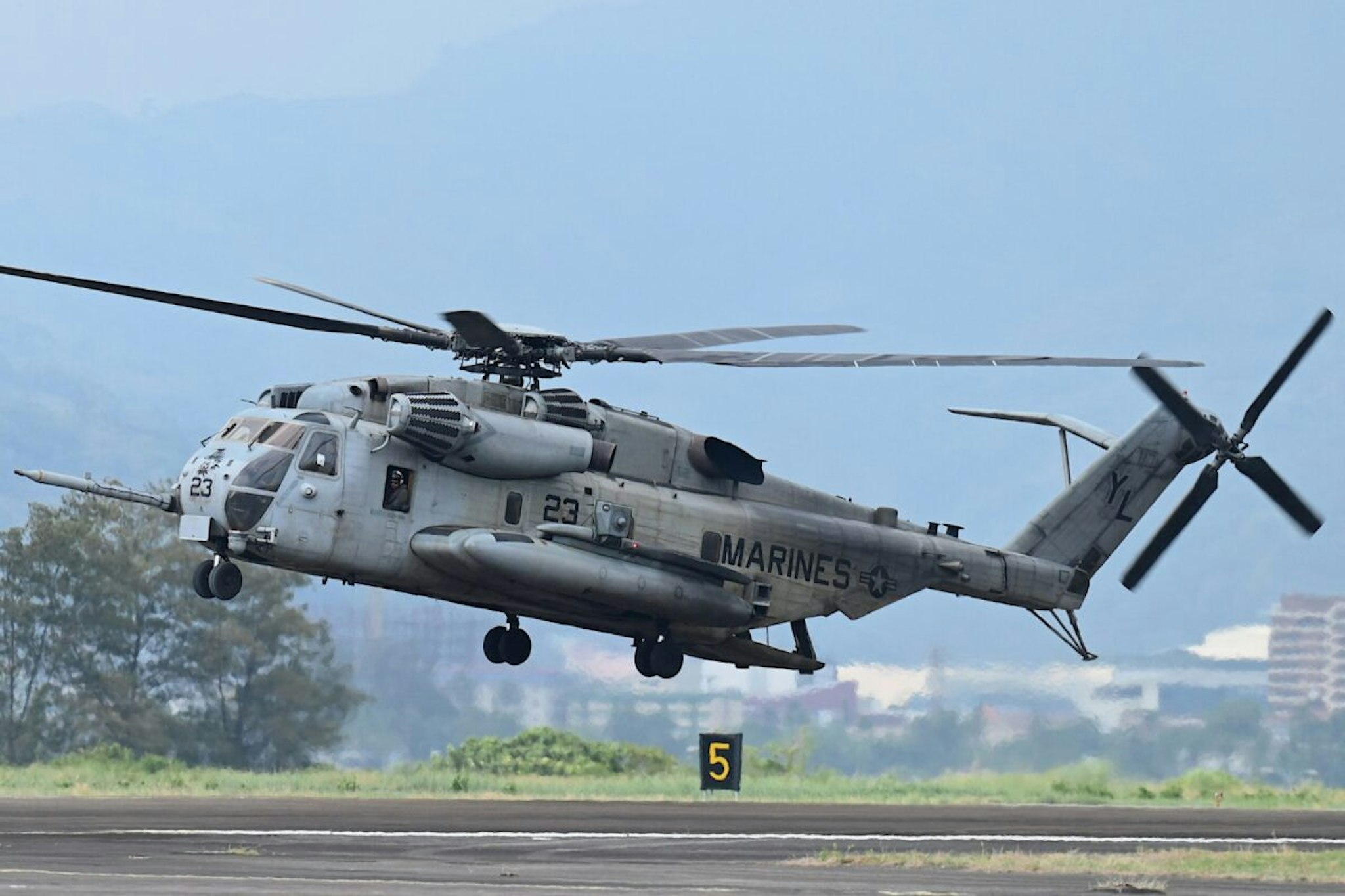 A CH-53E Super Stallion lands at Subic Bay Freeport Zone on April 23, 2023, as part of the US-Philippines joint military exercise 'Balikatan'.