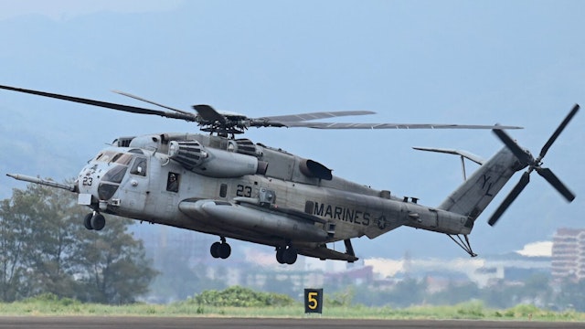 A CH-53E Super Stallion lands at Subic Bay Freeport Zone on April 23, 2023, as part of the US-Philippines joint military exercise 'Balikatan'.