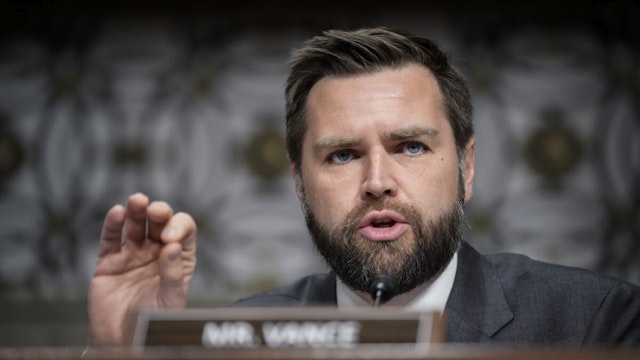 Sen. J.D. Vance (R-OH) questions former executives of failed banks during a Senate Banking Committee hearing on Capitol Hill May 16, 2023 in Washington, DC.