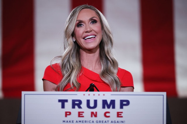 Lara Trump, daughter-in-law and campaign advisor for U.S. President Donald Trump, pre-records her address to the Republican National Convention from inside an empty Mellon Auditorium on August 26, 2020 in Washington, DC.