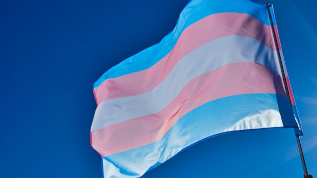 image of the transgender flag against the light blowing in the wind with blue sky in the background