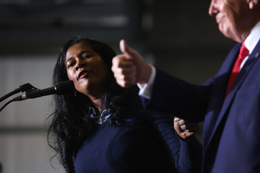 WASHINGTON, MICHIGAN - APRIL 02: Kristina Karamo, who is running for the Michigan Republican party's nomination for secretary of state, gets an endorsement from former President Donald Trump during a rally on April 02, 2022 near Washington, Michigan. Trump is in Michigan to promote his America First agenda promote several Michigan Republican candidates. (Photo by Scott Olson/Getty Images)