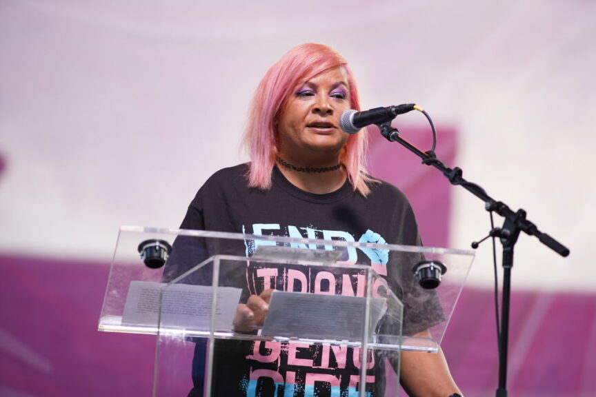 NEW YORK, NEW YORK - JUNE 24: Fallon Fox speaks at the 2022 Pride Rally at Battery Park on June 24, 2022 in New York City. (Photo by Rob Kim/Getty Images)