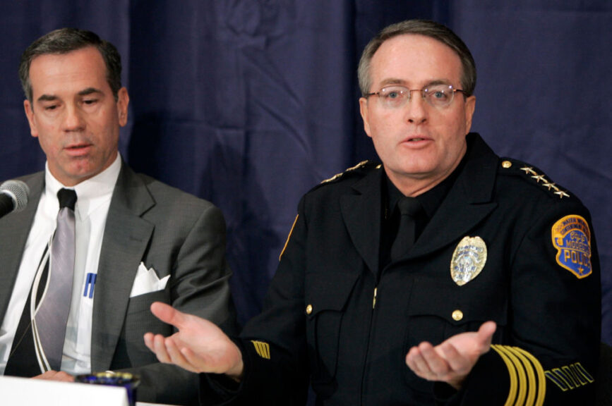 peterson18_076_pc.jpg Modesto police chief Roy Wasden (right) addresses the news media with detective Jon Buehler at his side. Modesto police officials and Stanislaus Co. prosecutors held a news conference on 3/17/05 in Modesto, CA to comment on the death penalty verdict for Scott Peterson. PAUL CHINN/The Chronicle (Photo By Paul Chinn/The San Francisco Chronicle via Getty Images)