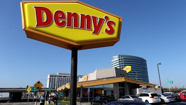 EMERYVILLE, CALIFORNIA - FEBRUARY 13: A sign is posted in front of a Denny's restaurant on February 13, 2023 in Emeryville, California. Denny's restaurant will report fourth quarter earnings today after the closing bell. (Photo by Justin Sullivan/Getty Images)