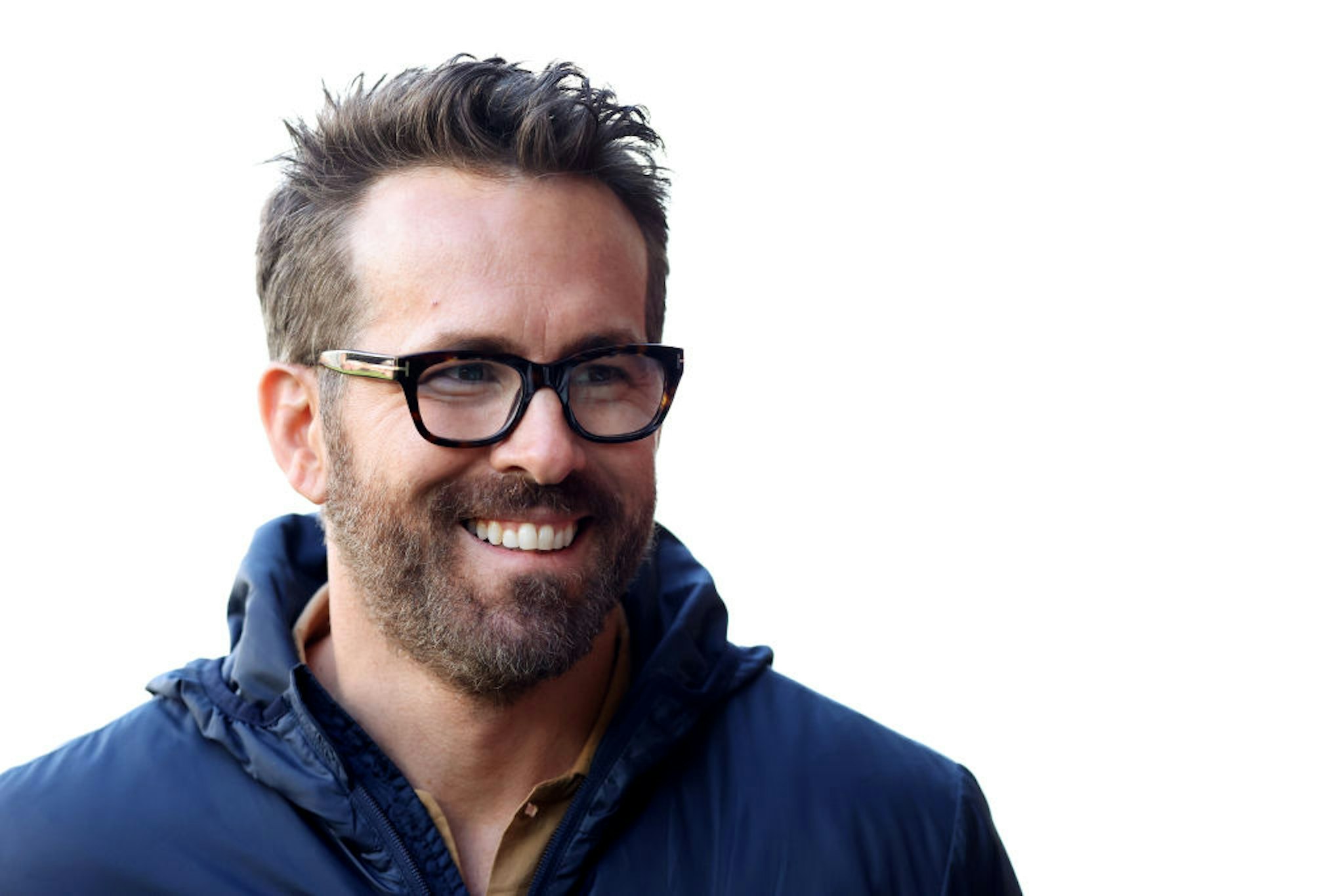 WREXHAM, WALES - APRIL 10: Ryan Reynolds, Owner of Wrexham smiles prior to the Vanarama National League match between Wrexham and Notts County at The Racecourse on April 10, 2023 in Wrexham, Wales. (Photo by Jan Kruger/Getty Images)