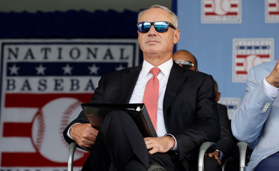 COOPERSTOWN, NEW YORK - JULY 23: MLB Commissioner Rob Manfred looks on during the Baseball Hall of Fame induction ceremony at Clark Sports Center on July 23, 2023 in Cooperstown, New York. (Photo by Jim McIsaac/Getty Images)