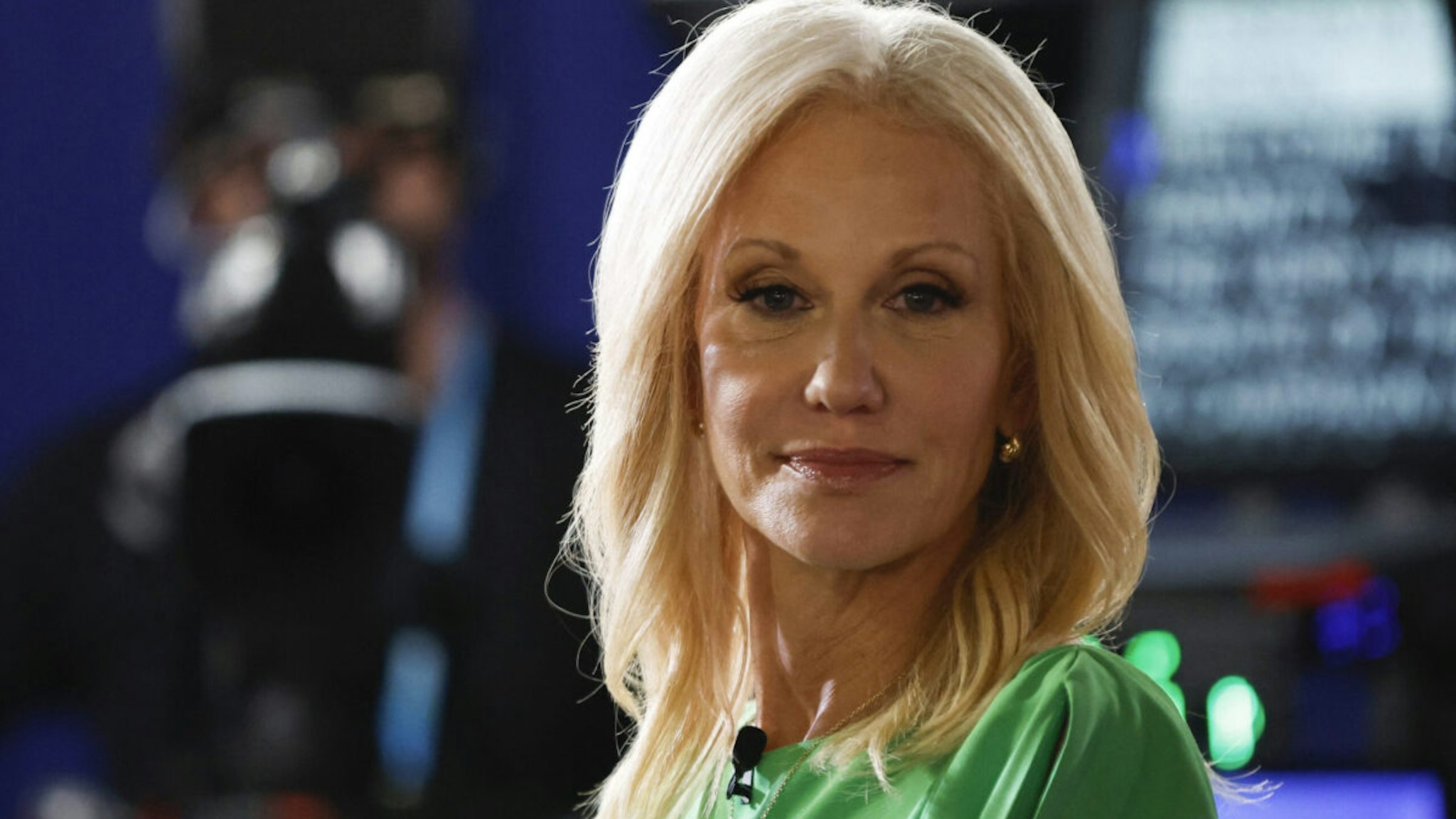 Kellyanne Conway, former Counselor to former President Trump, looks on in the Spin Room during the first Republican Presidential primary debate at the Fiserv Forum in Milwaukee, Wisconsin, on August 23, 2023.
