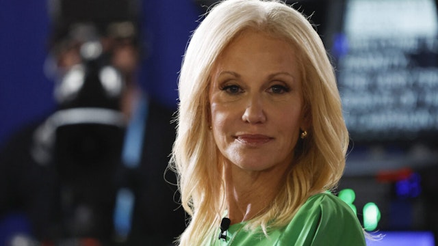 Kellyanne Conway, former Counselor to former President Trump, looks on in the Spin Room during the first Republican Presidential primary debate at the Fiserv Forum in Milwaukee, Wisconsin, on August 23, 2023.