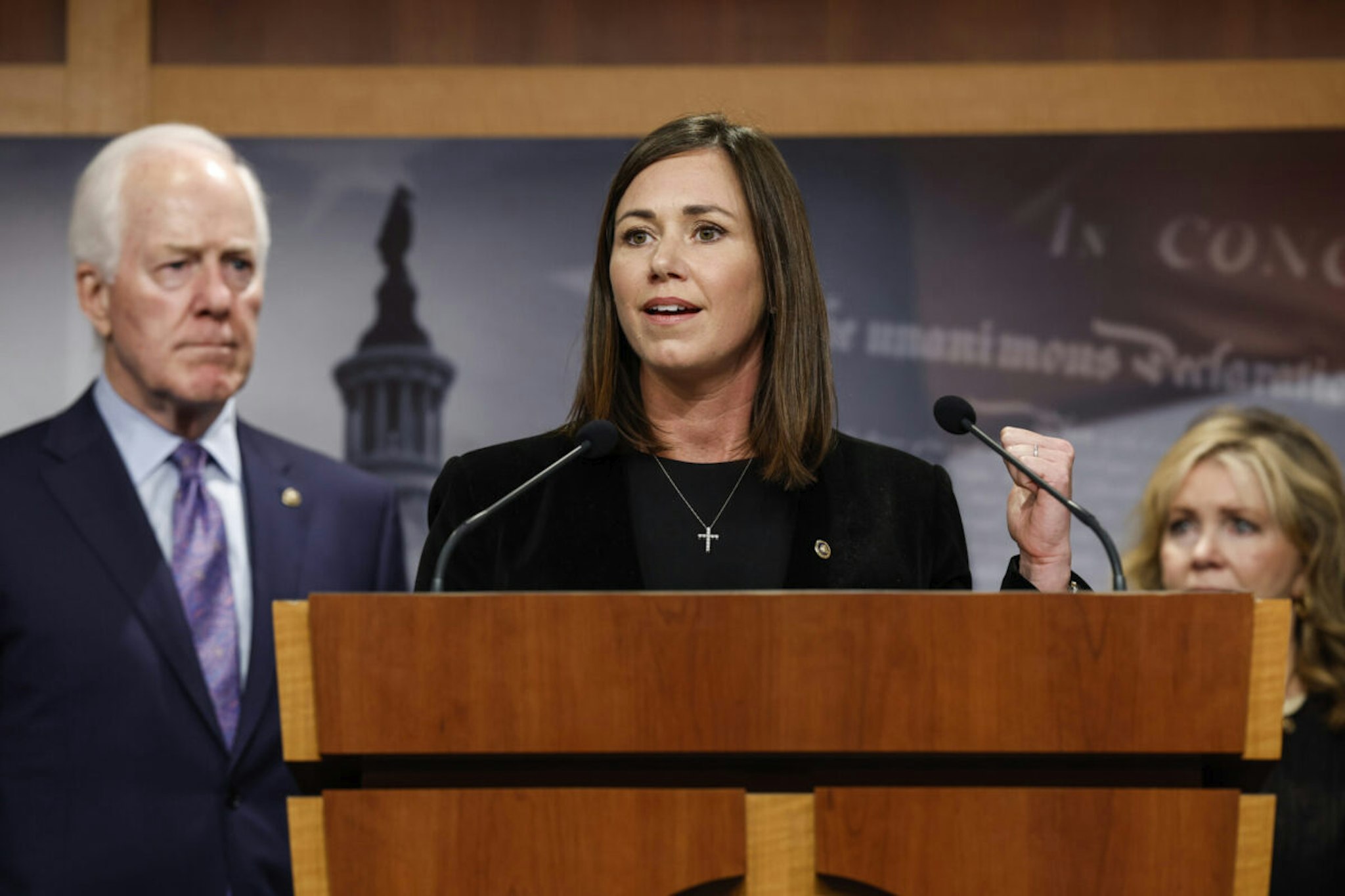 Sen. Katie Britt (R-AL) speaks during a news conference on border security at the U.S. Capitol Building on September 27, 2023 in Washington, DC.