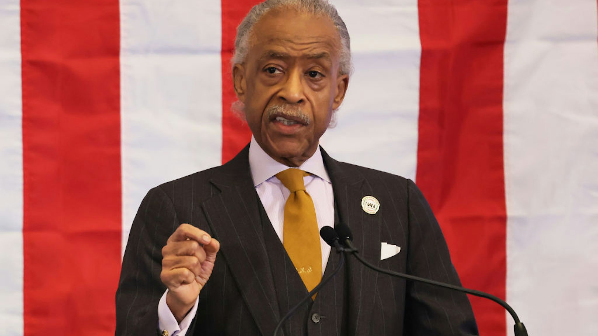 NEW YORK, NEW YORK - DECEMBER 19: Founder and president of the National Action Network Rev. Al Sharpton speaks during a press conference and signing of legislation creating a commission for the study of reparations in New York on December 19, 2023 in New York City. Gov. Hochul was joined by Rev. Al Sharpton, various members of NY government leadership and influential community members six months after state lawmakers passed the bill and three years after California became the first state to create a reparations task force. The bill creates a nine-member commission that would study the effects of slavery in the state and make non-binding recommendations on reparations. Three members would be appointed by the governor, three by the assembly and three by the senate. (Photo by Michael M. Santiago/Getty Images)