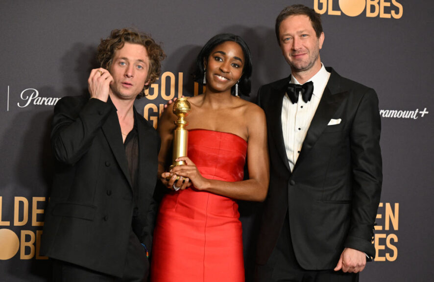 US actor Jeremy Allen White, US actress Ayo Edebiri and US actor Ebon Moss-Bachrach pose in the press room with the award fore Best Television Series - Musical or Comedy "The Bear" during the 81st annual Golden Globe Awards at The Beverly Hilton hotel in Beverly Hills, California, on January 7, 2024. (Photo by Robyn BECK / AFP) (Photo by ROBYN BECK/AFP via Getty Images)