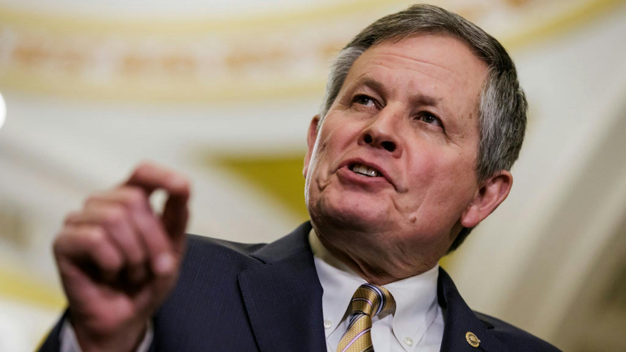 U.S. Senators Hold Weekly Policy Luncheons At The Capitol WASHINGTON, DC - JANUARY 9: U.S. Senator Steve Daines (R-MT) speaks during a press conference following the Senate Republican weekly policy luncheon at the U.S. Capitol on January 9, 2024 in Washington, DC. Senators and Representatives from both parties reached a bipartisan deal over the holiday break on the 2024 budget but its future is still unclear as it is brought to both chambers of Congress for a vote as the January 19 deadline approaches.