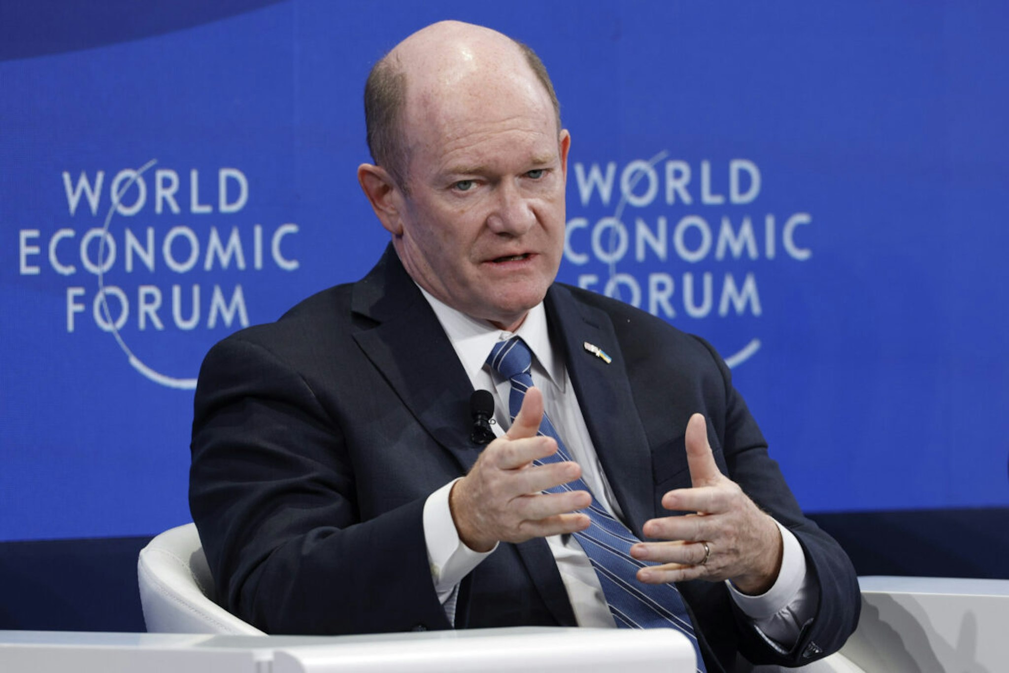 Senator Chris Coons, a Democrat from Delaware, during a panel session on the opening day of the World Economic Forum (WEF) in Davos, Switzerland, on Tuesday, Jan. 16, 2024. The annual Davos gathering of political leaders, top executives and celebrities runs from January 15 to 19.