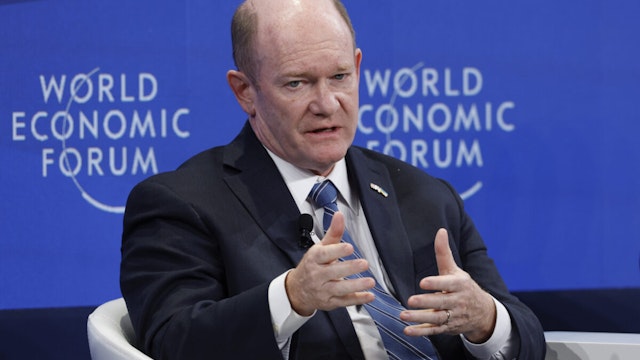 Senator Chris Coons, a Democrat from Delaware, during a panel session on the opening day of the World Economic Forum (WEF) in Davos, Switzerland, on Tuesday, Jan. 16, 2024. The annual Davos gathering of political leaders, top executives and celebrities runs from January 15 to 19.