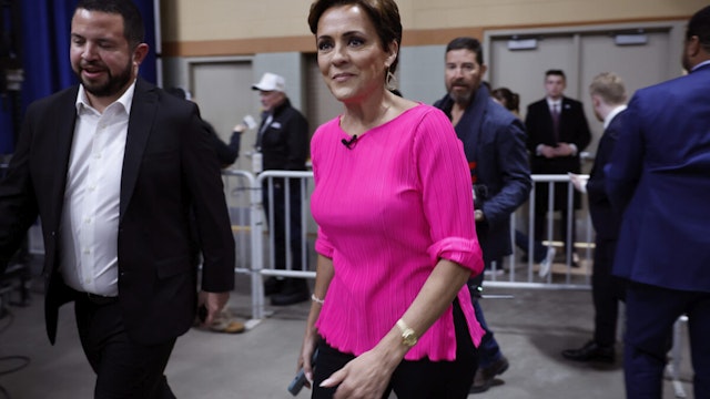 DES MOINES, IOWA - JANUARY 15: Candidate for U.S. Senate Kari Lake arrives at the caucus night party hosted by Republican presidential candidate former U.S. President Donald Trump at the Iowa Events Center on January 15, 2024 in Des Moines, Iowa. Iowans vote today in the state’s caucuses for the first contest in the 2024 Republican presidential nominating process.