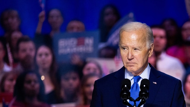 US President Joe Biden reacts to pro-Palestinian protesters, not pictured, at a reproductive freedom campaign rally at George Mason University in Manassas, Virginia, US, on Tuesday, Jan. 23, 2024. Biden on Monday said November's election would play a critical role in determining abortion rights and criticized restrictions on access to the procedure as cruel as he announced new executive actions designed to increase access to reproductive health care.