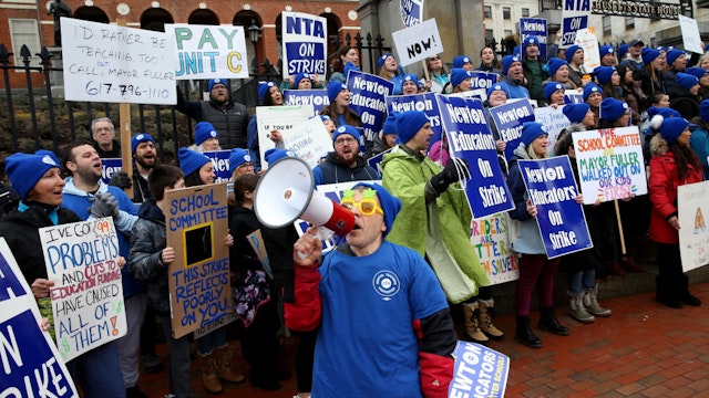 Boston, MA - January 25: Michael Stern, a 5th grade teacher in Newton, was at a Newton Teachers Rally at the Massachusetts State House. Striking Newton educators of the Newton Teachers Association continue to bargain with the Newton School Committee. (Photo by Jonathan Wiggs/The Boston Globe via Getty Images)