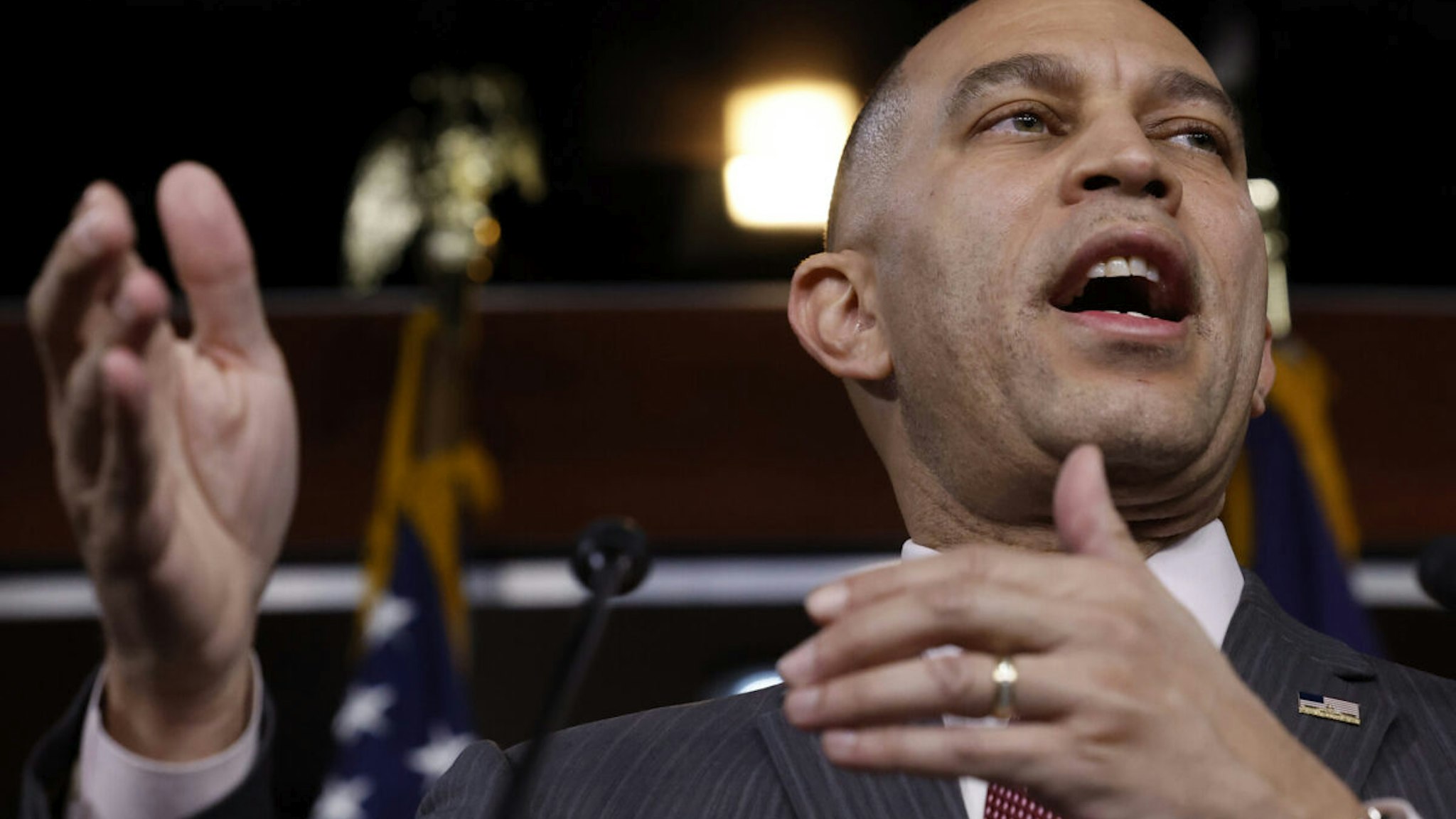 House Minority Leader Hakeem Jeffries (D-NY) speaks during a news conference with Democratic Members of the House Homeland Security Committee at the U.S. Capitol Visitors Center on January 29, 2024 in Washington, DC.