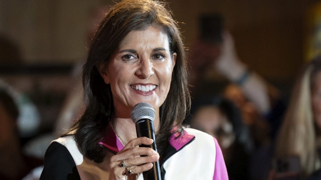 Republican presidential hopeful and former UN Ambassador Nikki Haley speaks during a campaign event at Forest Fire BBQ in Hilton Head, South Carolina, on February 1, 2024.