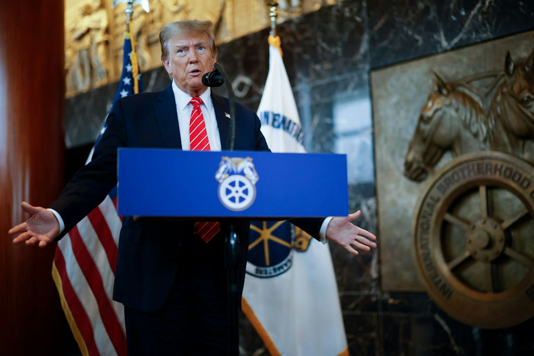 WASHINGTON, DC - JANUARY 31: Republican presidential candidate and former U.S. President Donald Trump delivers remarks after meeting with leaders of the International Brotherhood of Teamsters at their headquarters on January 31, 2024 in Washington, DC. The United Auto Workers endorsed President Joe Biden's re-election campaign one week ago.
