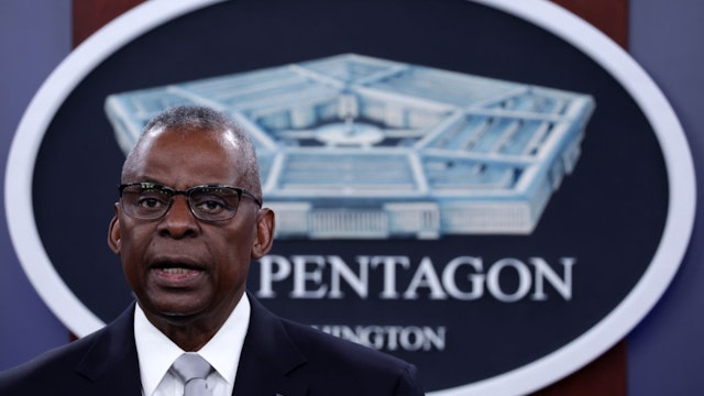 ARLINGTON, VIRGINIA - FEBRUARY 01: U.S. Secretary of Defense Lloyd Austin speaks during a news conference at the Pentagon on February 1, 2024 in Arlington, Virginia. Sec. Austin spoke on various topics including his recent hospitalization from a diagnostic of prostate cancer. (Photo by Alex Wong/Getty Images)