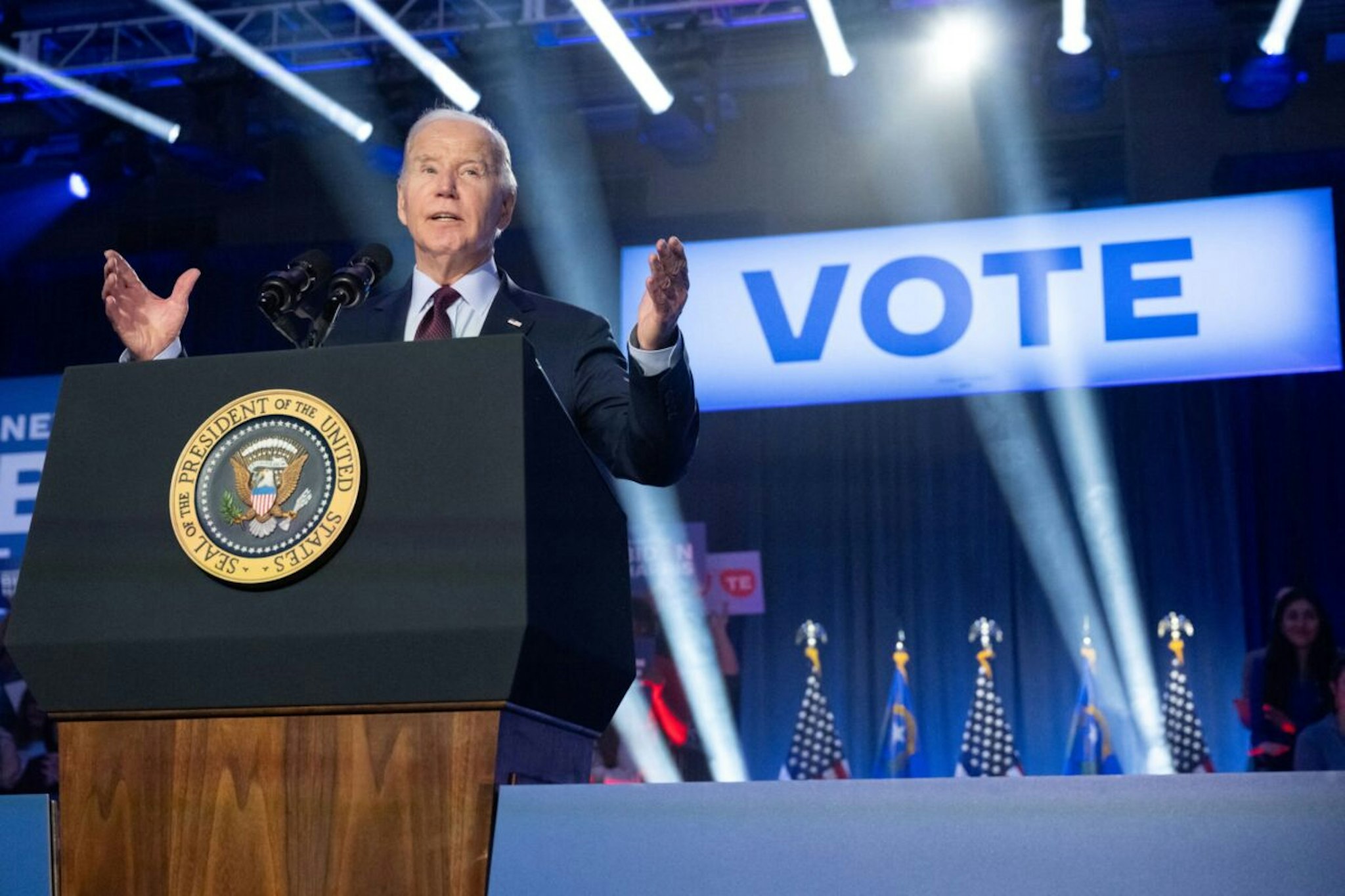 US President Joe Biden speaks during a campaign rally at Pearson Community Center in Las Vegas, Nevada, on February 4, 2024.