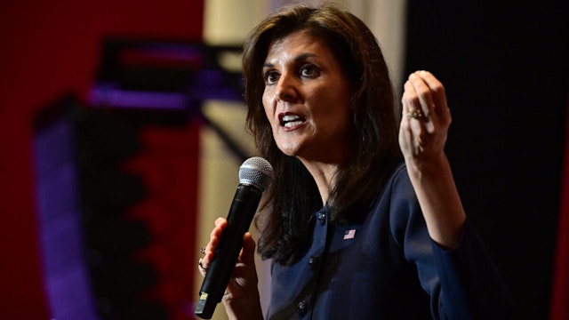 US Republican presidential hopeful and former UN Ambassador Nikki Haley speaks during a rally at Hollywood American Legion Post 43 in Los Angeles, California, on February 7, 2024.