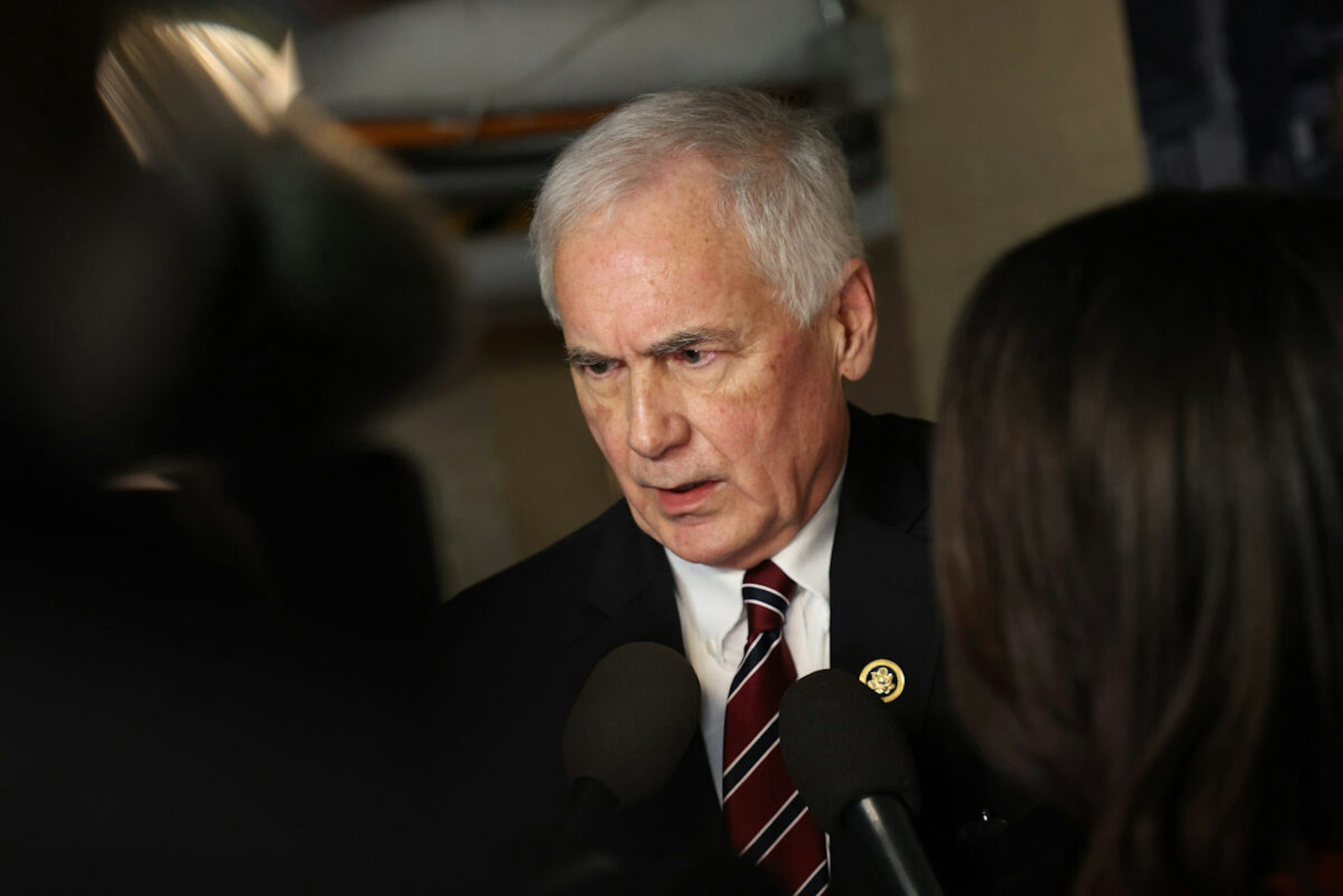 U.S. Rep. Tom McClintock (R-CA) speaks to reporters as he departs from a House Republican caucus meeting at the U.S. Capitol on February 06, 2024 in Washington, DC.
