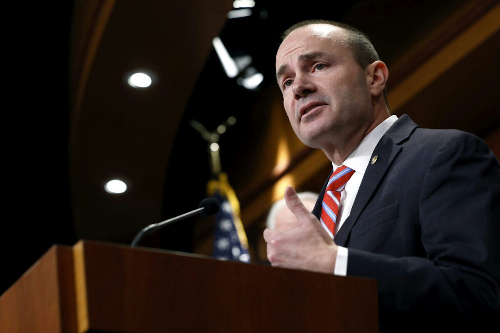 Sen. Mike Lee (R-UT) speaks during a news conference on the U.S. Southern Border at the U.S. Capitol on February 06, 2024 in Washington, DC.
