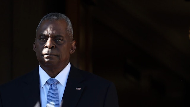 U.S. Secretary of Defense Lloyd Austin waits for the arrival of Kenyan Defense Minister Aden Duale during a honor cordon at the Pentagon on February 07, 2024 in Arlington, Virginia.