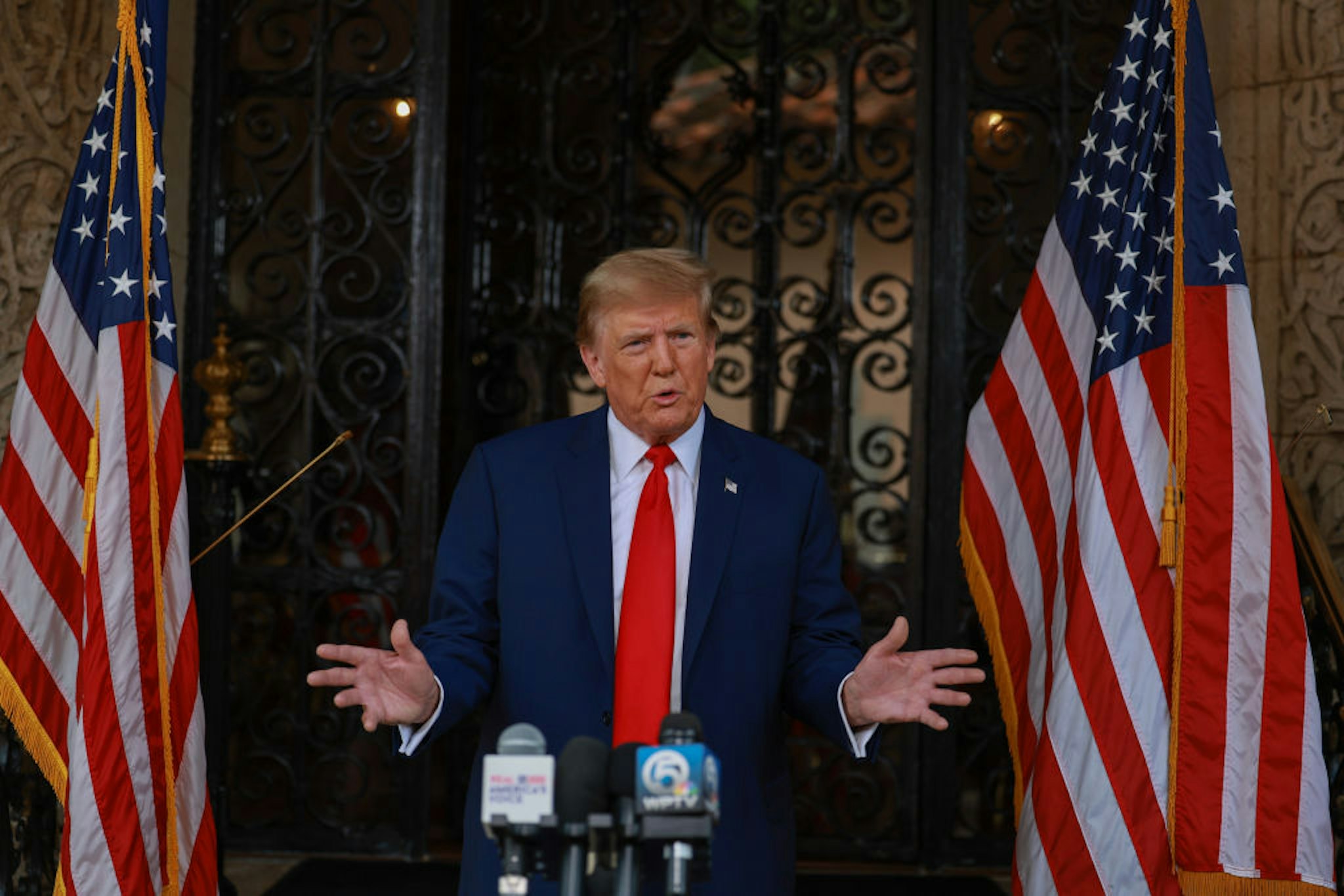 PALM BEACH, FLORIDA - FEBRUARY 08: Former U.S. President Donald Trump speaks during a press conference held at Mar-a-Lago on February 08, 2024 in Palm Beach, Florida. Mr. Trump spoke as the United States Supreme Court hears oral arguments over Trump’s ballot eligibility under the 14th Amendment.