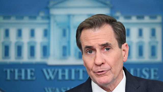 US National Security Council (NSC) spokesman John Kirby speaks during the daily press briefing in the Brady Press Briefing Room of the White House in Washington, DC on February 12, 2024.