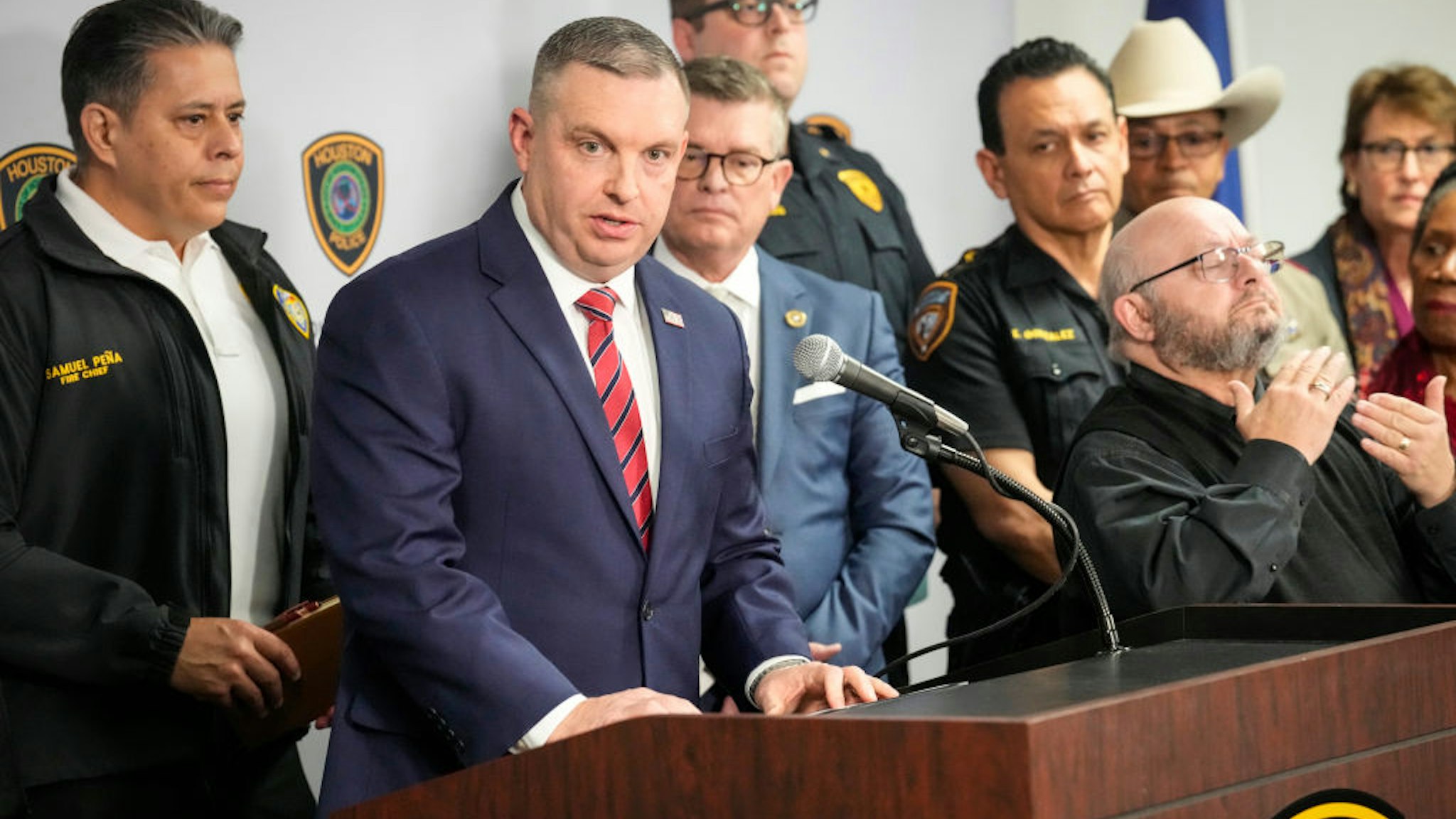 HOUSTON, TEXAS - FEBRUARY 12: Doug Williams, FBI Special Agent in Charge for the Houston field office, speaks to the media in the aftermath of the shooting at Lakewood Church during a news conference at police headquarters on Monday, Feb. 12, 2024 in Houston. (Brett Coomer/Houston Chronicle via Getty Images)