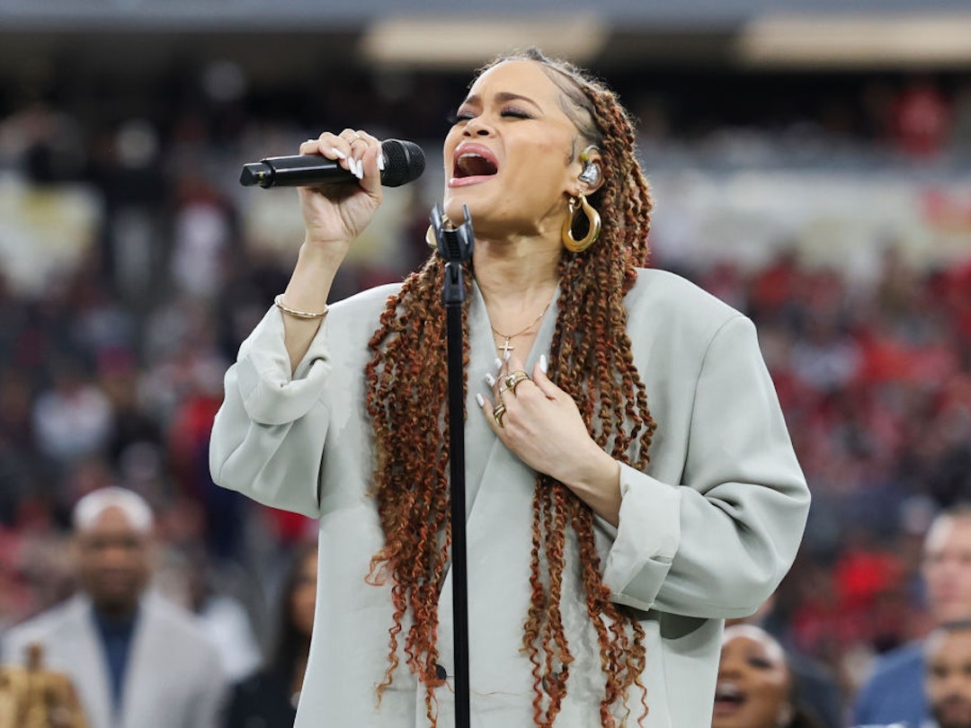 LAS VEGAS, NV - FEBRUARY 11: Andra Day performs Lift Every Voice and Sing prior to Super Bowl LVIII between the Kansas City Chiefs and the San Francisco 49ers at Allegiant Stadium on February 11, 2024 in Las Vegas, NV. (Photo by Perry Knotts/Getty Images)