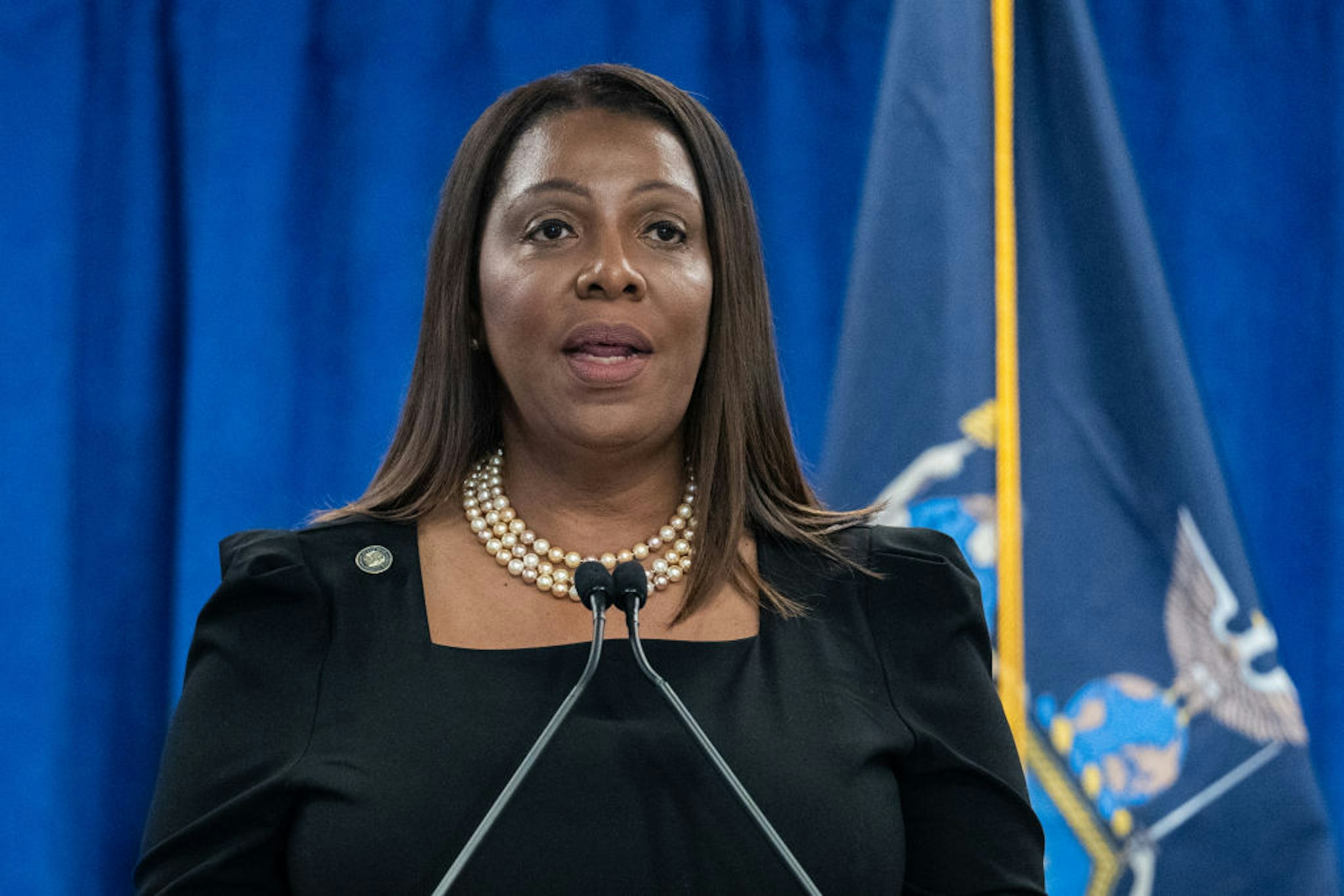 Letitia James, New York's attorney general, speaks during a news conference in New York, US, on Friday, Feb. 16, 2024. Donald Trump and his real estate company suffered a major defeat in New Yorks civil fraud suit over his inflated asset valuations, after a judge barred the former president from running any business in the state for three years and ordered the return of $364 million in illegal profits.